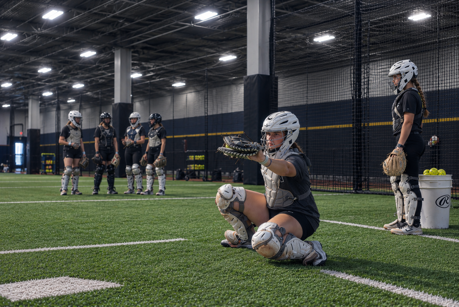 Catching training at an indoor softball facility