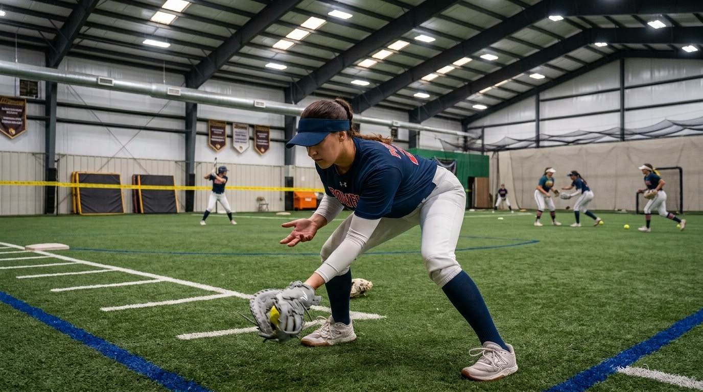 Infield training at an indoor softball facility